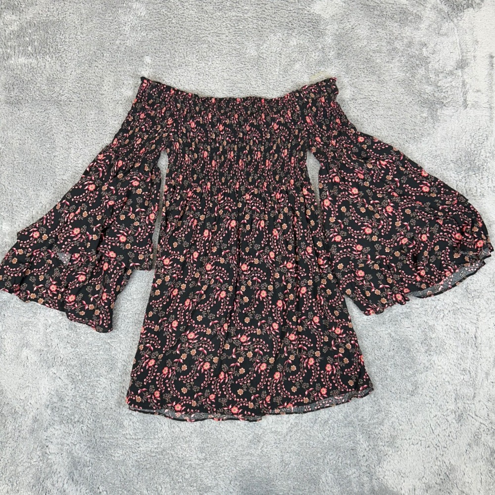 Carly Jean Los Angeles Floral Smocked Bell Sleeve Off Shoulder Top IM4743H Small